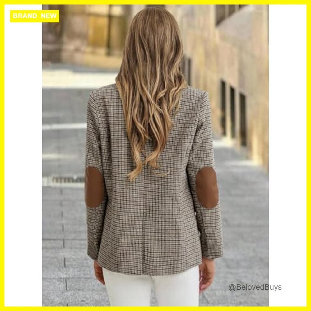 Tweed Blazer with Houndstooth Plaid Full Lining Pockets Business Casual - Picture 4 of 7